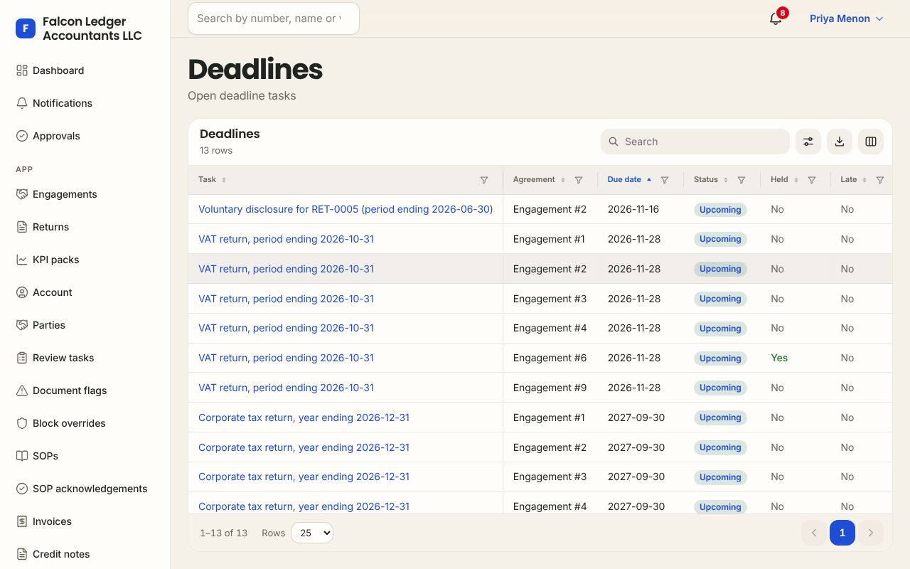 Deadlines in the Accounting app, branded for Falcon Ledger Accountants LLC