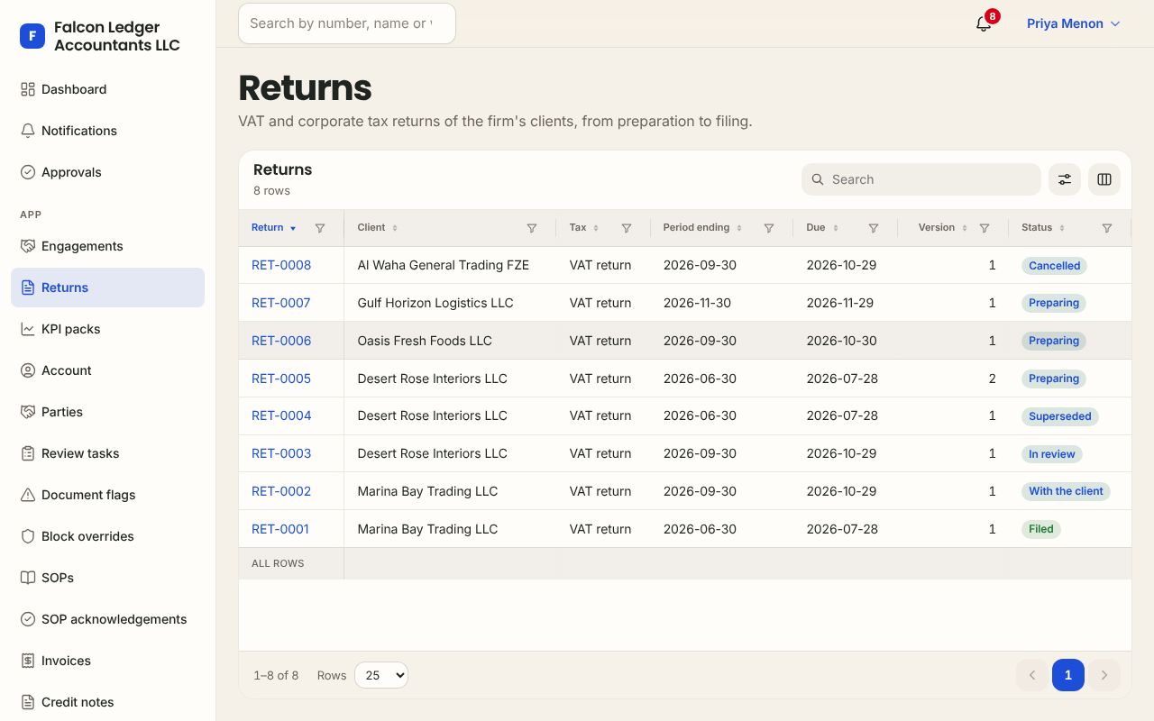Returns in the Accounting app