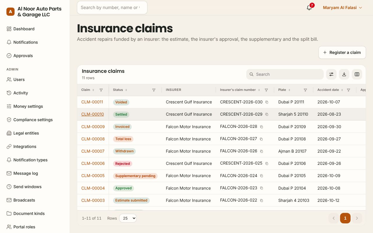 Insurance claims in the Auto parts app, branded for Al Noor Auto Parts & Garage LLC