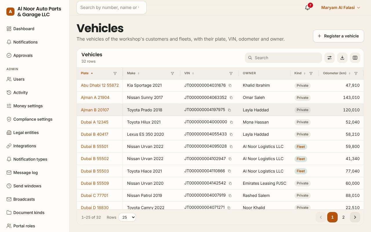 Vehicles in the Auto parts app, branded for Al Noor Auto Parts & Garage LLC