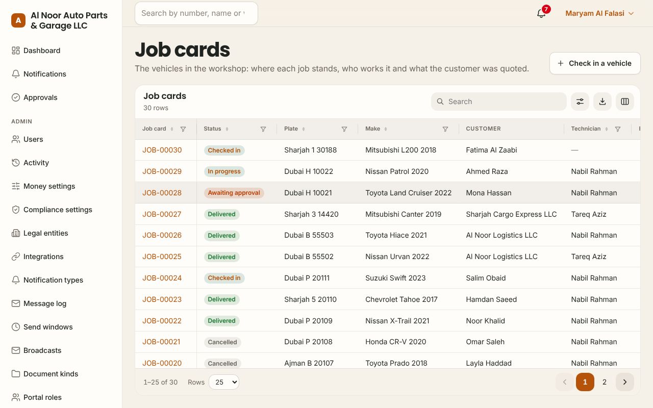 Job cards in the Auto parts app, branded for Al Noor Auto Parts & Garage LLC