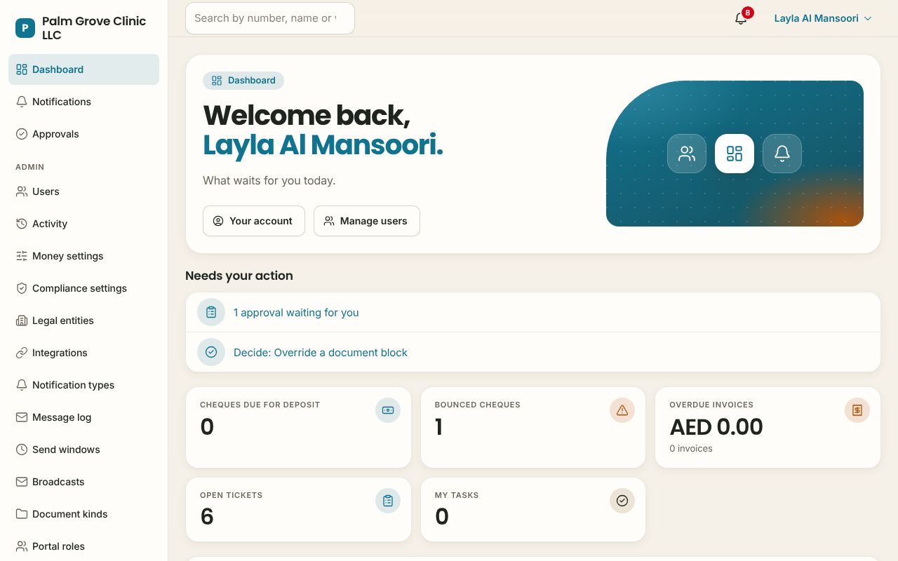 Dashboard in the Clinics app, branded for Palm Grove Clinic LLC