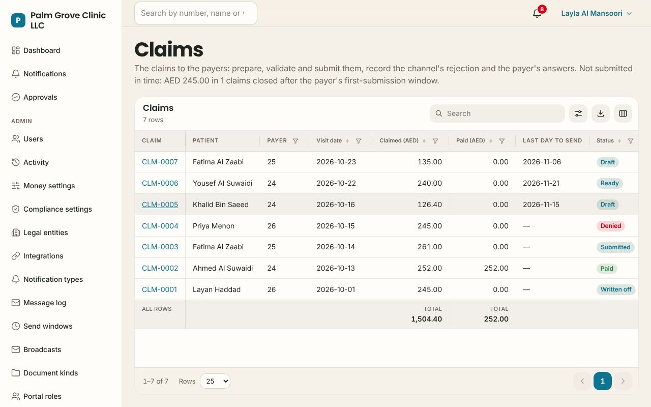 Insurance claims in the Clinics app, branded for Palm Grove Clinic LLC
