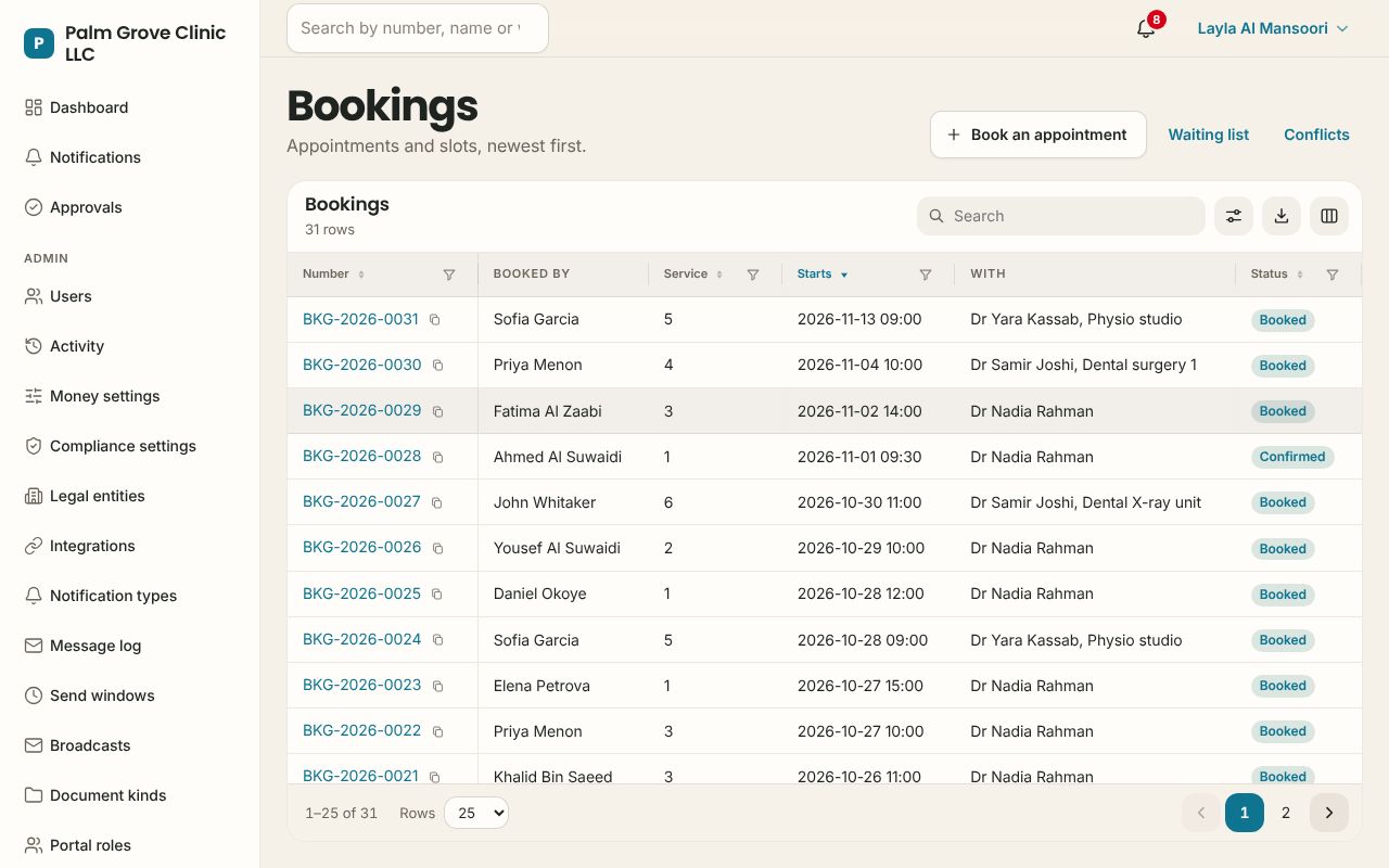 Bookings in the Clinics app, branded for Palm Grove Clinic LLC