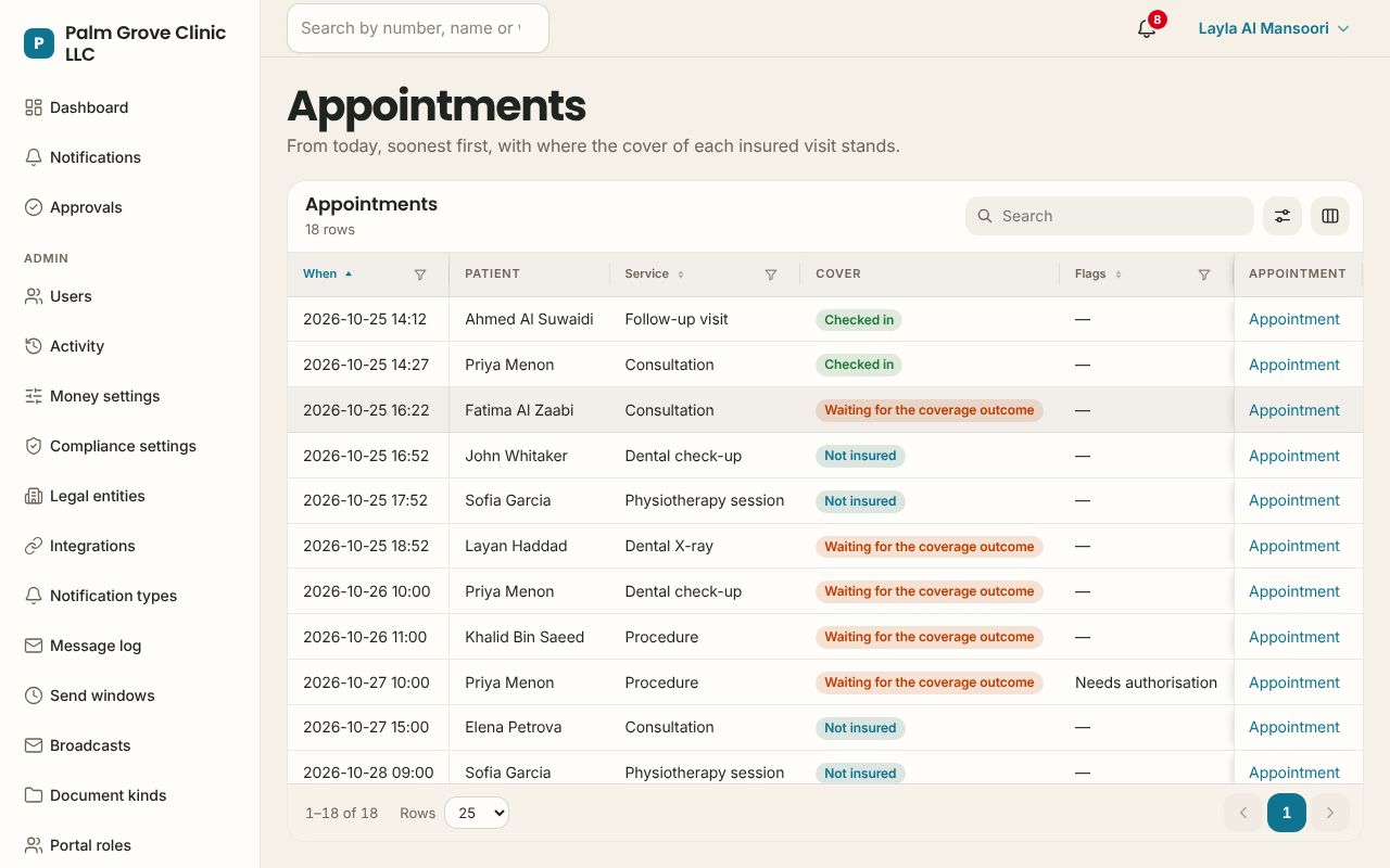 Appointments in the Clinics app, branded for Palm Grove Clinic LLC