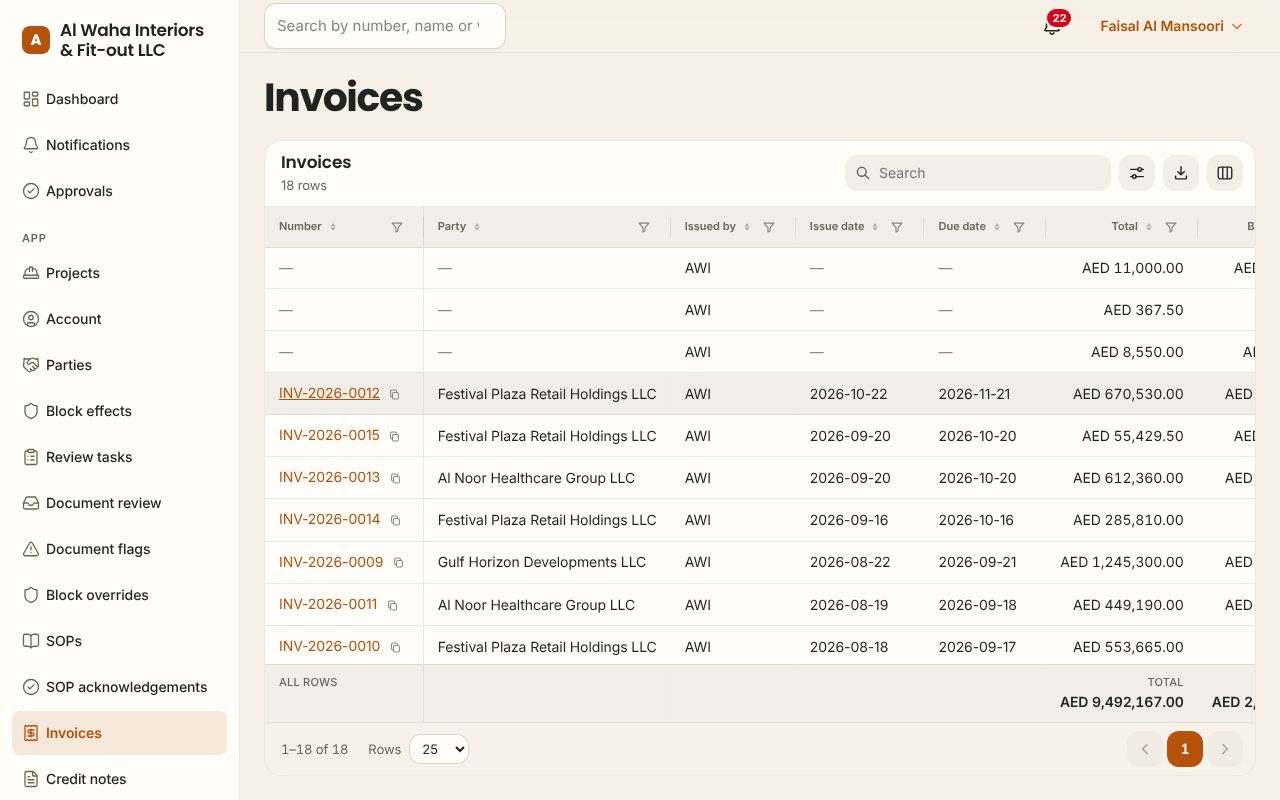 Invoices in the Construction app, branded for Al Waha Interiors & Fit-out LLC