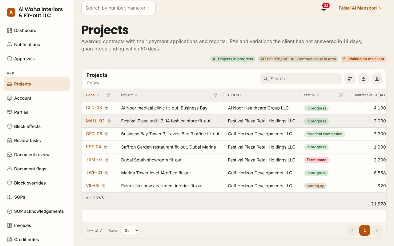 Projects in the Construction app, branded for Al Waha Interiors & Fit-out LLC