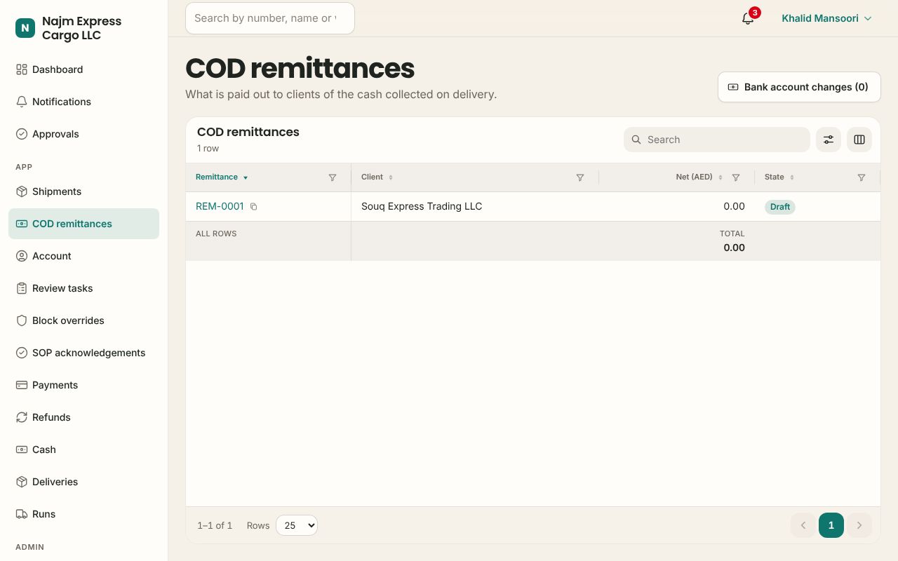 COD remittances in the Logistics app, branded for Najm Express Cargo LLC