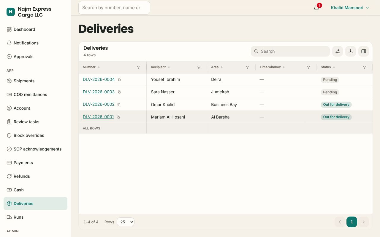 Deliveries in the Logistics app, branded for Najm Express Cargo LLC
