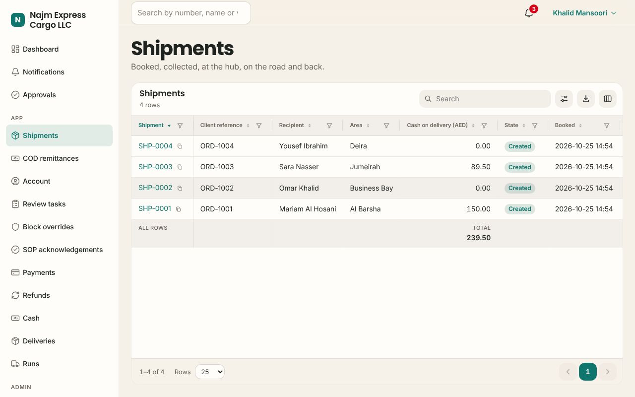 Shipments in the Logistics app, branded for Najm Express Cargo LLC