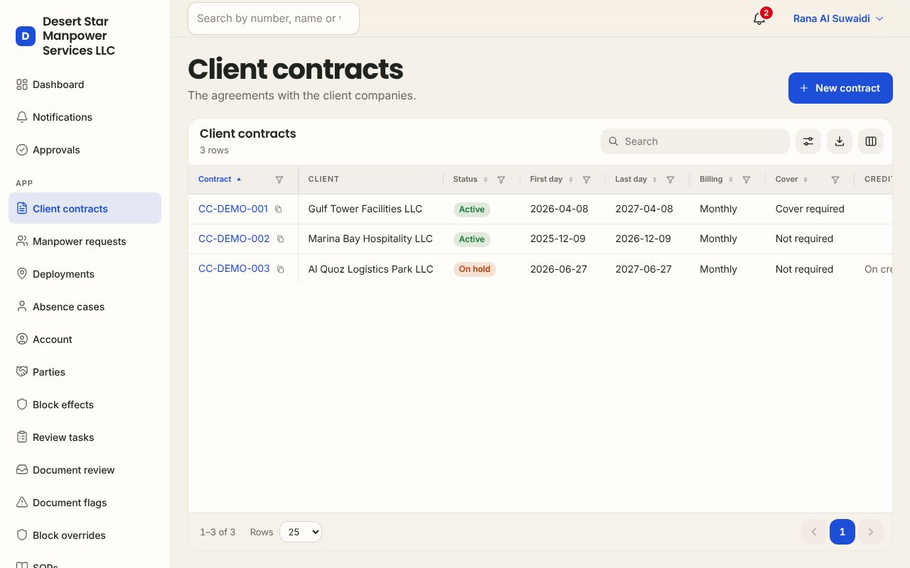 Client contracts in the Manpower app, branded for Desert Star Manpower Services LLC