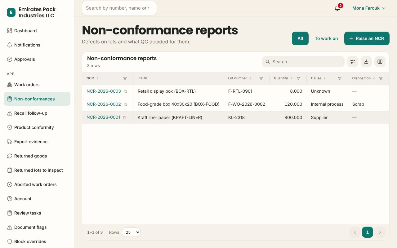 Non-conformance reports in the Manufacturing app, branded for Emirates Pack Industries LLC
