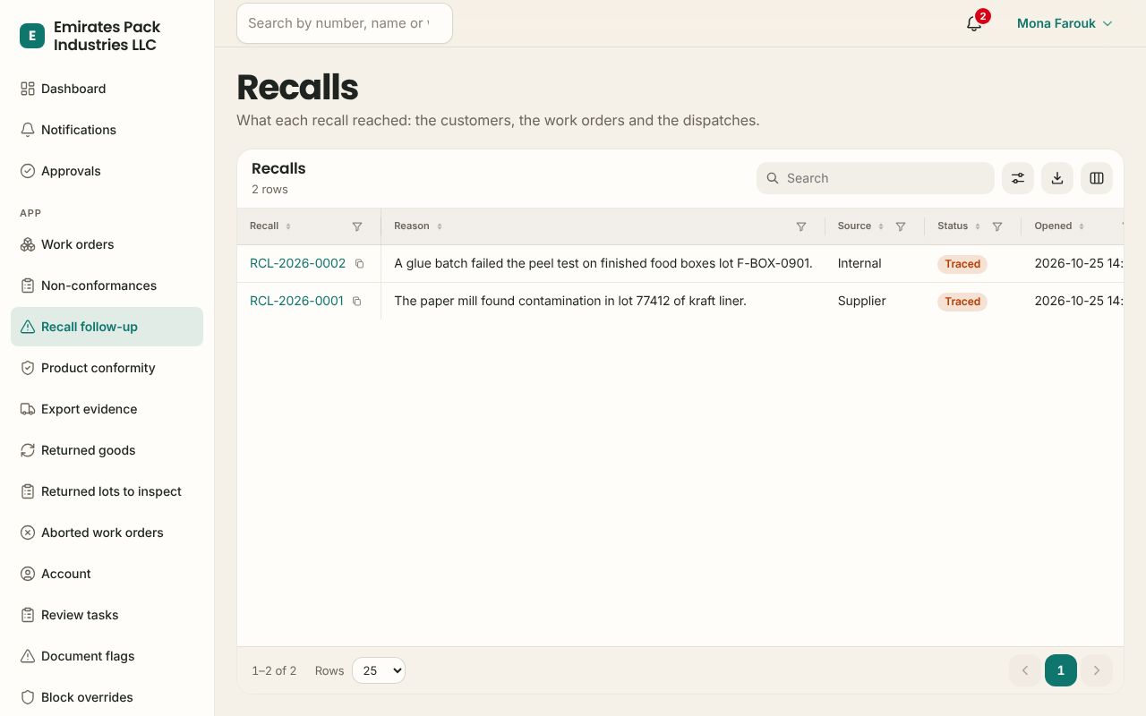 Recalls in the Manufacturing app, branded for Emirates Pack Industries LLC