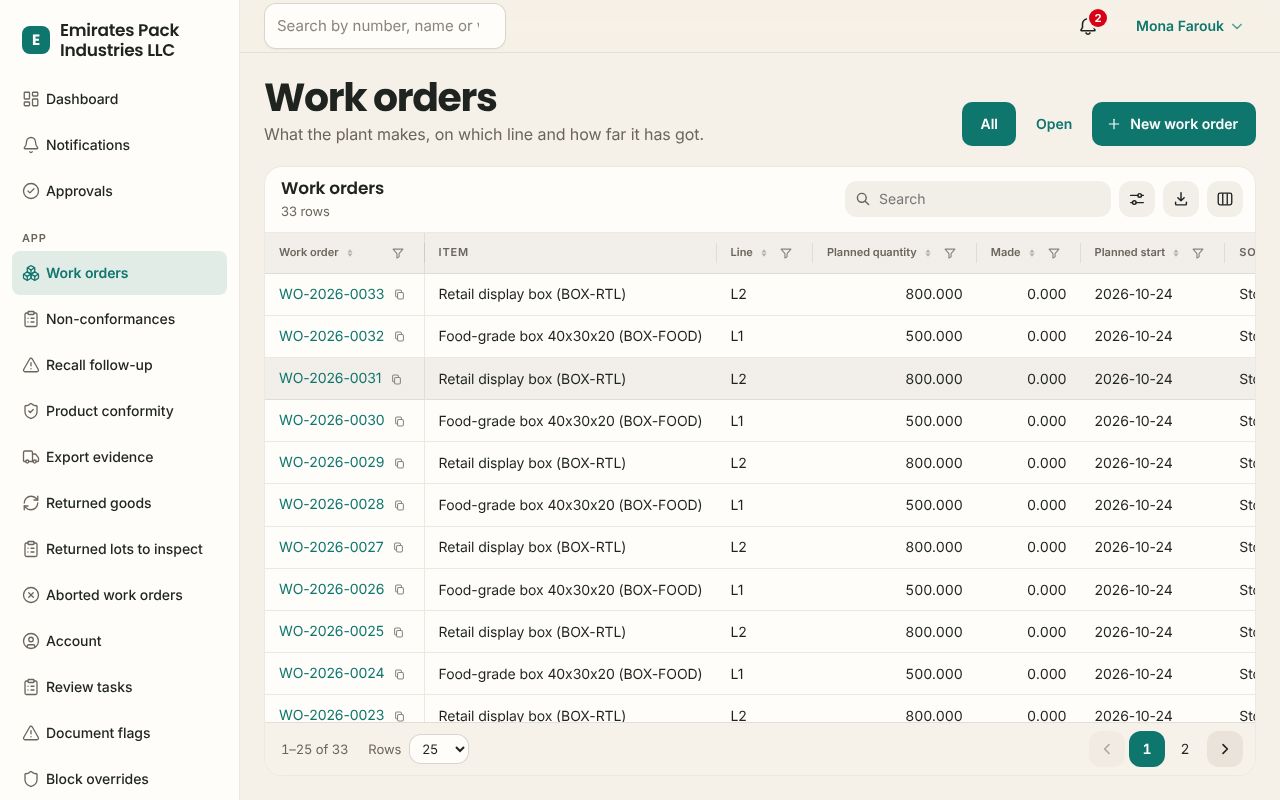 Work orders in the Manufacturing app, branded for Emirates Pack Industries LLC