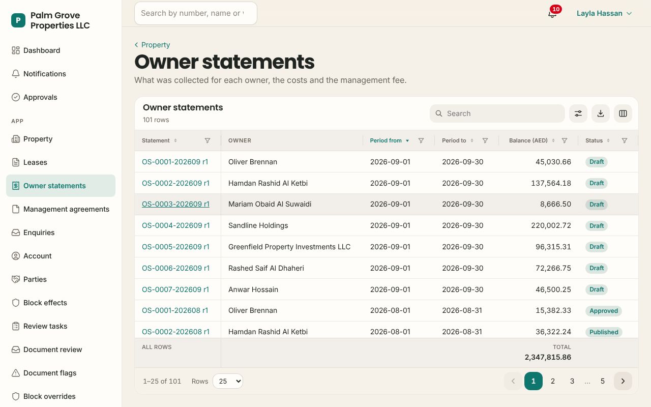 Owner statements in the Property app, branded for Palm Grove Properties LLC