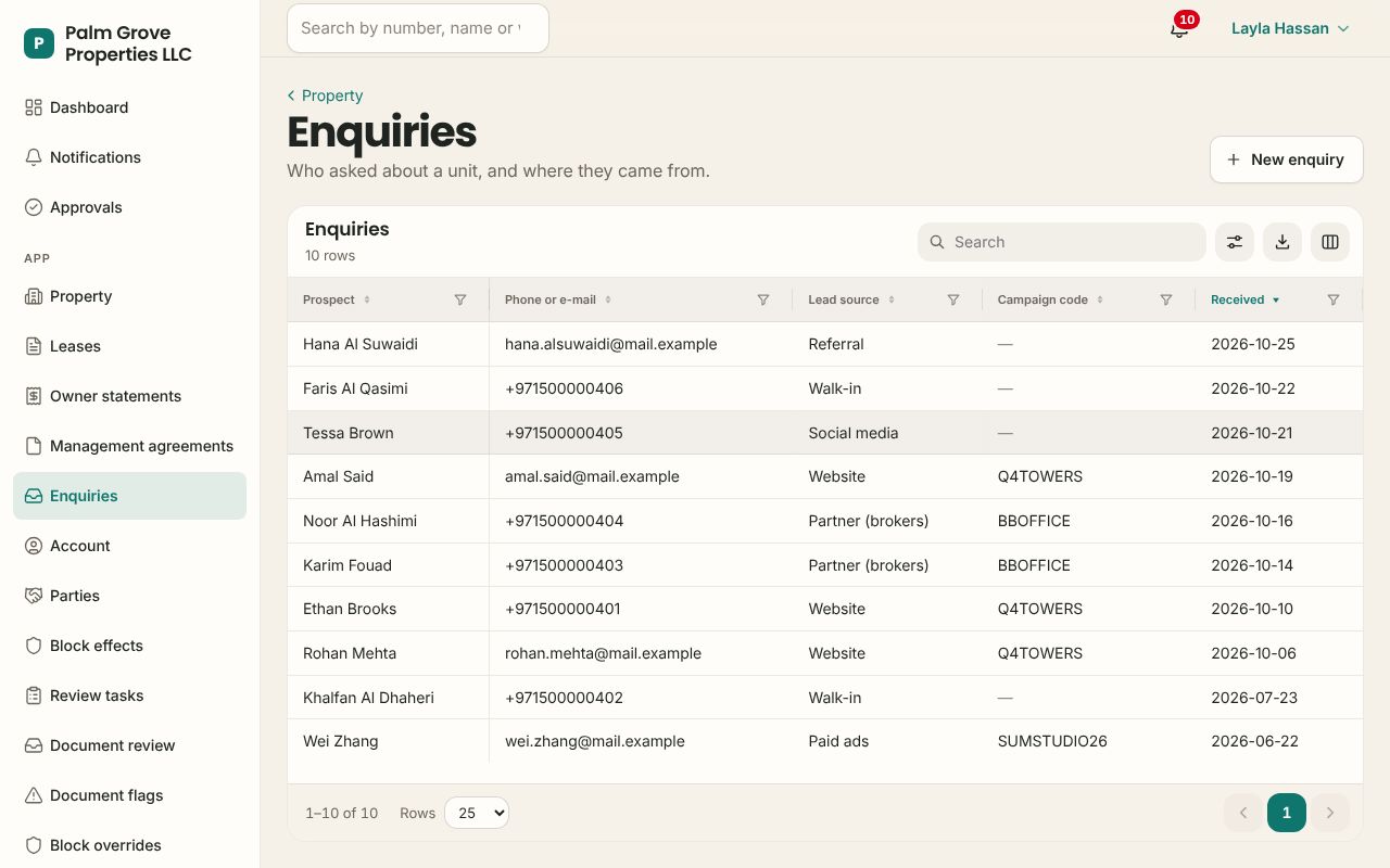 Enquiries in the Property app, branded for Palm Grove Properties LLC