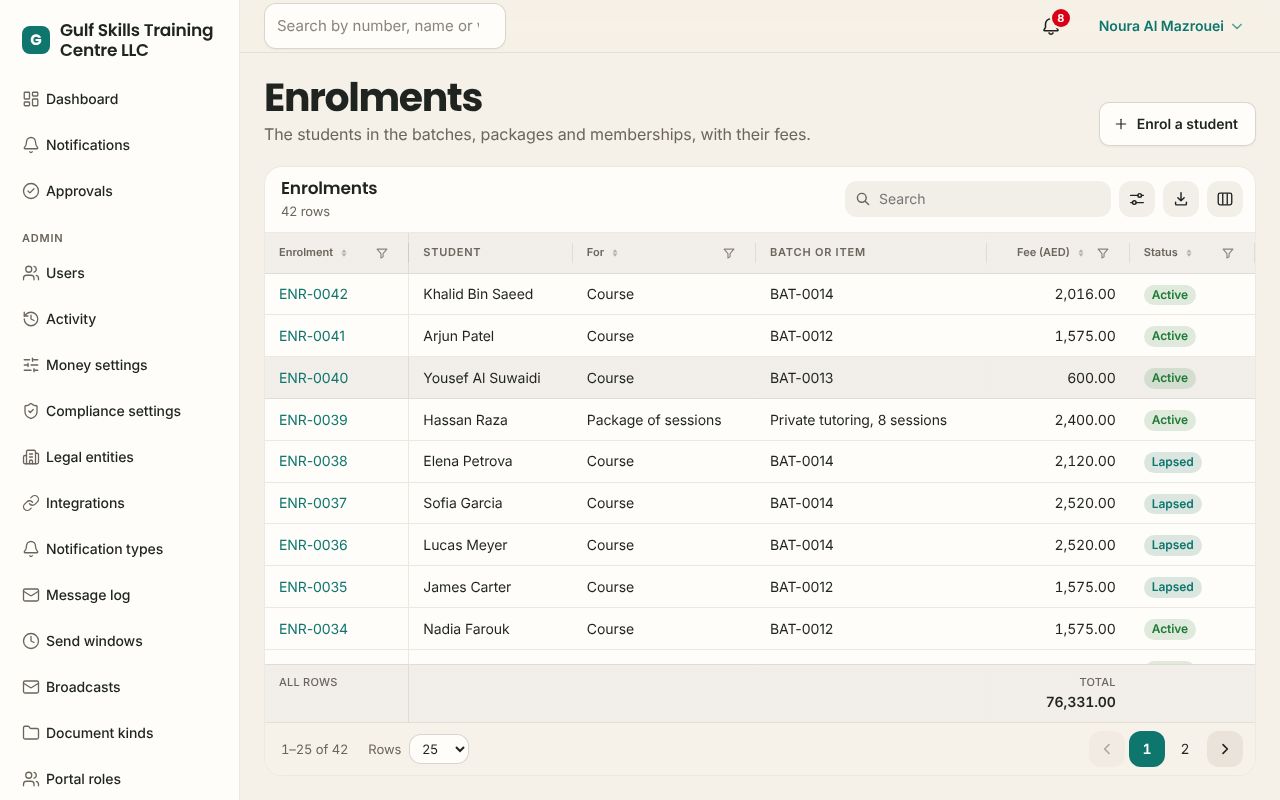 Enrolments in the Training app, branded for Gulf Skills Training Centre LLC
