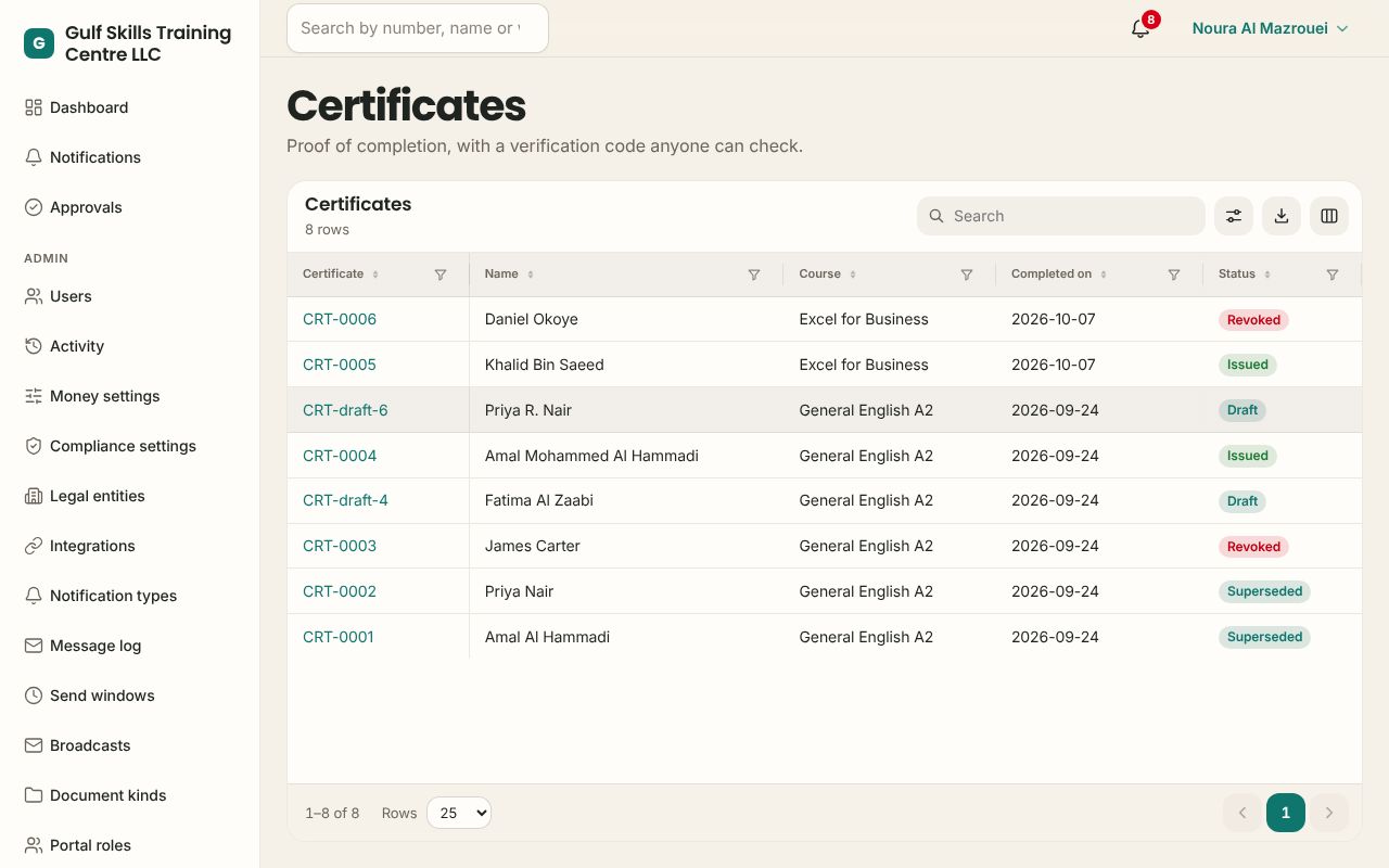 Certificates in the Training app, branded for Gulf Skills Training Centre LLC