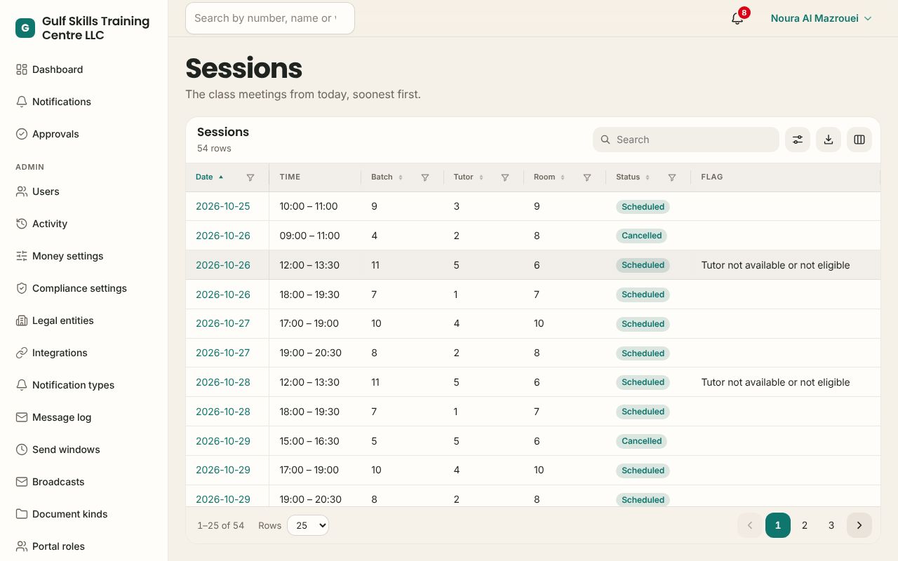 Sessions in the Training app, branded for Gulf Skills Training Centre LLC