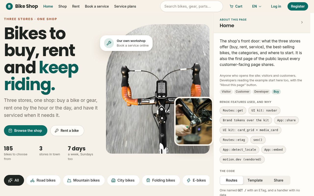 The shop of the bike shop demo, built with Renox