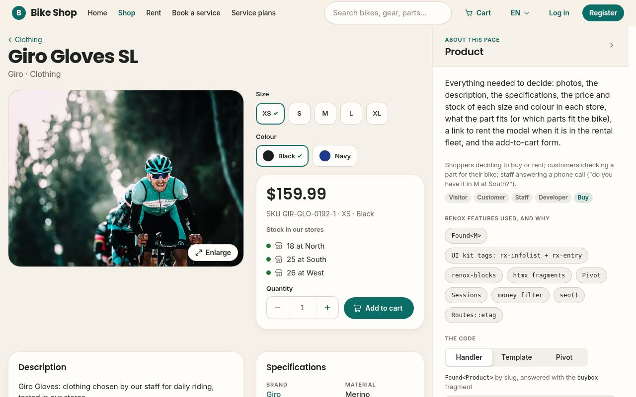 A product page with sizes, colours, the price and stock in each store