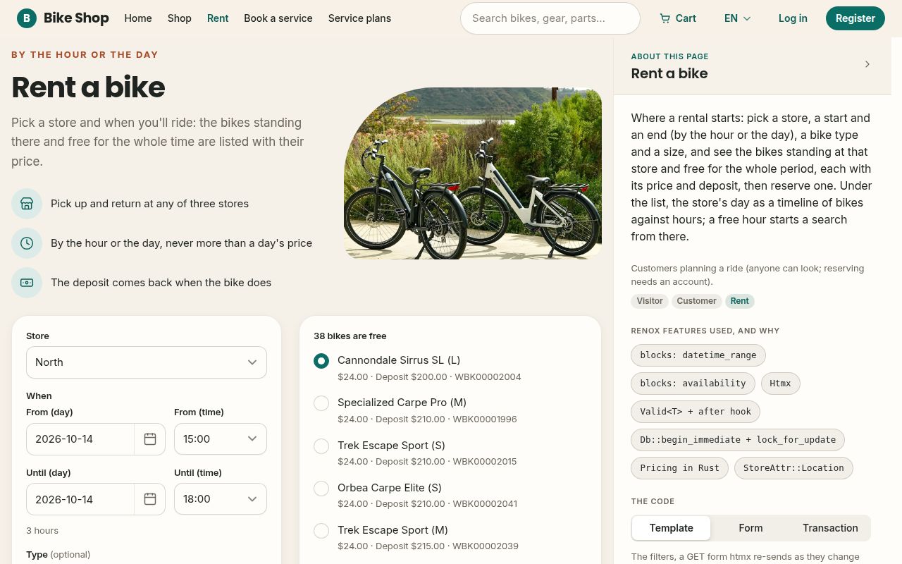 The rental page with a store, a period and the bikes free for it